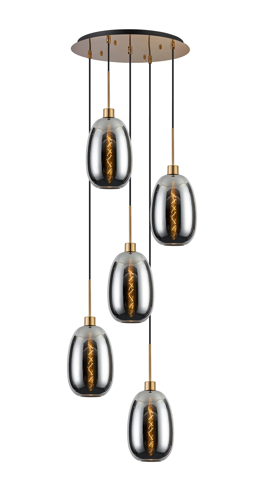 DK1188  Lori 45cm Round Pendant, 5 Light Adjustable E27, Antique Gold/Chrome Slim Curved Trapezium Shades